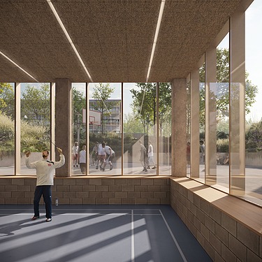 Image de synthèse du gymnase dans la nouvelle aile de l'hôpital Saint-François à Heusden-Zolder.