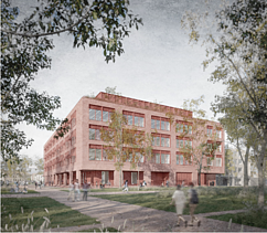 Renderbeeld van project Bargiekaai in Gent, een nieuw onderwijsgebouw en studentenhuisvesting voor KU Leuven, Campus Odisee.