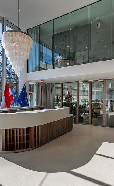 Photo of the central entrance hall of AT60 - WKÖ, the Austrian Chamber of Commerce in Brussels.