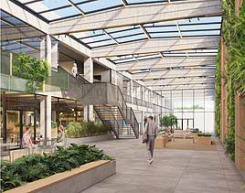 Renderbeeld van de binnenkant van de omgebouwde loods tot een daylight gallery