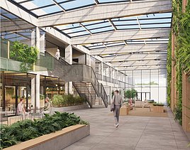 Image de rendu de l’intérieur de l’entrepôt reconverti en daylight gallery.