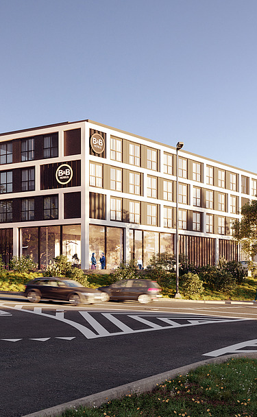 Renderbeeld van de buitenzijde van B&B Hotels in Diegem.