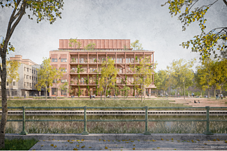 Render image of the Bargiekaai project in Ghent. You see a render image of the education building located at Bargiekaai in Ghent.