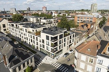 Dronefoto van Nieuwland, een residentieel complex in Gent.