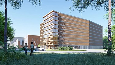 MobHub, parking facility in Heverlee Render image of MobHub, a nine-storey parking facility in Heverlee's Arenberg Park.