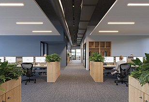 Image de rendu de l’intérieur du bâtiment de bureaux rénové.