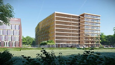 Render image of MobHub, a nine-storey parking facility in Heverlee's Arenberg Park.