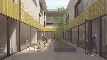 Renderbeeld van de patio in het nieuwe Lyceum Lakbors in Deurne.