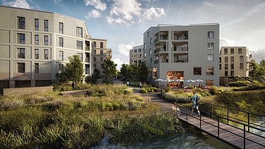 Image de synthèse du nouveau complexe WOL-U, un nouveau complexe résidentiel à grande échelle à Zaventem.