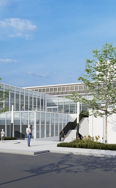 Render image of the new logistics building for AZ Sint-Lucas in Bruges.