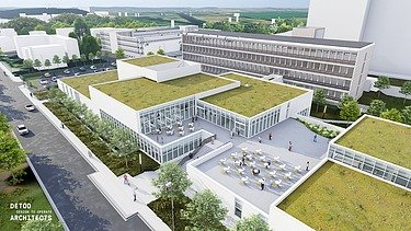 Renderbeeld met bovenaanzicht van het nieuwe logistieke gebouw voor AZ Sint=Lucas in Brugge.