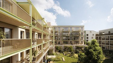 Image de synthèse du nouveau complexe WOL-U, un nouveau complexe résidentiel à grande échelle à Zaventem.