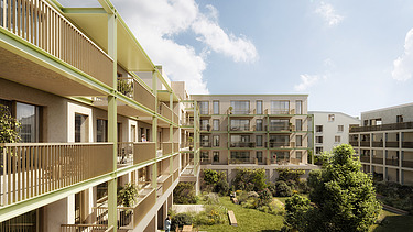 Render image of the new WOL-U complex, a new large-scale residential complex in Zaventem.