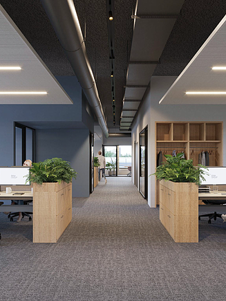 Rendu d’un bureau paysager au sein du site de bureaux BMW Belux rénové à Bornem