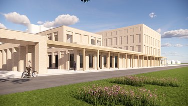 Renderbeeld van het nieuwe radiotherapiepark, UPSIE-gebouw en energiebeheergebouw op de campus van UZ Gent.