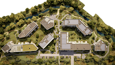 Image de rendu avec vue de dessus du nouveau complexe WOL-U, un nouveau complexe résidentiel à grande échelle à Zaventem.