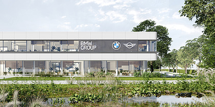 Render image of the BMW project in Bornem, consisting of a renovated office building and a converted warehouse.