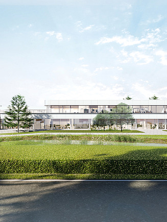 Render van de nieuwe gevel van de BMW Belux-kantoorsite in Bornem