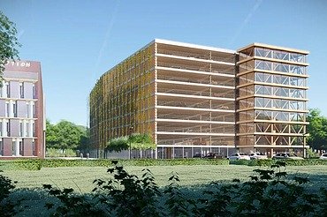 MobHub, parkeergebouw in Heverlee Renderbeeld van MobHub, een parkeergebouw van negen verdiepingen in het Arenbergpark in Heverlee.