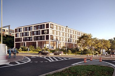Renderbeeld van de buitenzijde van B&B Hotels in Diegem.