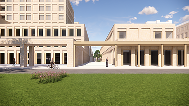 Image de synthèse du nouveau parc de radiothérapie, du bâtiment UPSIE et du bâtiment de gestion de l'énergie sur le campus de l'UZ Gent.