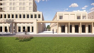 Image de synthèse du nouveau parc de radiothérapie, du bâtiment énergétique et du bâtiment UPSIE du UZ Gent.