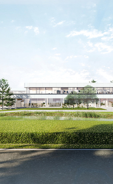 Image de rendu du projet BMW à Bornem, composé d’un immeuble de bureaux rénové et d’un entrepôt reconverti.