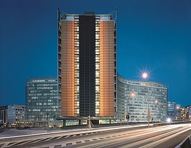 Berlaymont Building Brussels Night image with motion-blur effect of the Berlaymont building in Brussels.