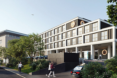 Une image de rendu du nouvel hôtel B&B à Diegem. L'image montre la nouvelle façade et le paysage verdoyant qui l'entoure. Des personnes marchent dans la rue.