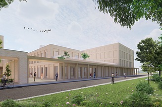 Render image of the new radiotherapy park, energy building and UPSIE building at UZ Gent.