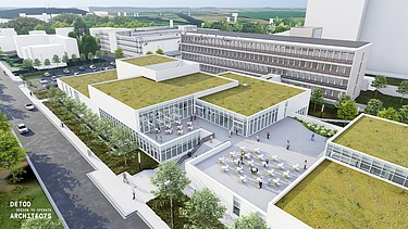 Image de rendu avec vue de dessus du nouveau bâtiment logistique pour AZ Sint=Lucas à Bruges.