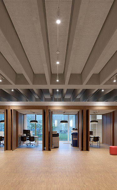 Photo of the central entrance hall in the new Regional Police Office in Antwerp-Merksem.