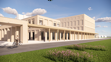 Renderbeeld van het nieuwe radiotherapiepark, UPSIE-gebouw en energiebeheergebouw op de campus van UZ Gent.
