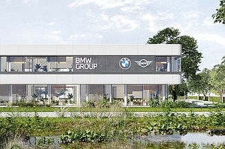 Render van de nieuwe gevel van de BMW Belux-kantoorsite in Bornem