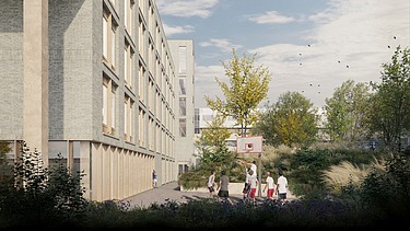 Render image of the façade of the new hospital wing for the Sint-Franciscus Hospital in Heusden-Zolder.