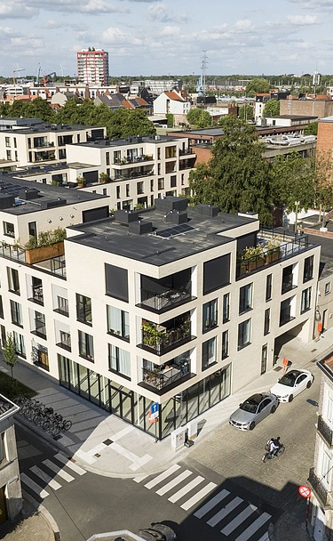 Dronefoto van Nieuwland, een residentieel complex in Gent.