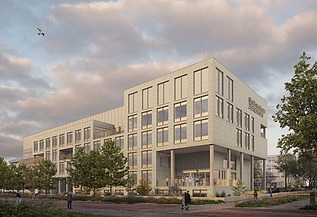 Renderbeeld van de voorgevel van de nieuwe ziekenhuisvleugel voor het Sint-Franciscus Ziekenhuis in Heusden-Zolder.