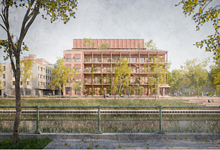 Renderbeeld van project Bargiekaai in Gent, een nieuw onderwijsgebouw en studentenresidentie voor KU Leuven Campus Odisee..
