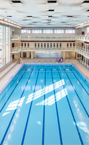 Interior view of the modernist Neptunium swimming pool in Schaerbeek, Brussels.
