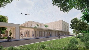 Renderbeeld van nieuwe radiotherapiepark, energiegebouw en UPSIE-gebouw van UZ Gent