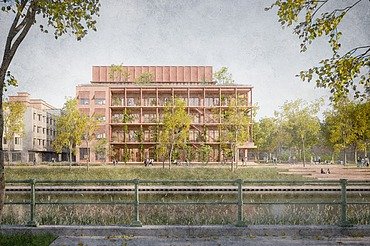 Bargiekaai Gent Renderbeeld van project Bargiekaai in Gent, een nieuw onderwijsgebouw en studentenresidentie voor KU Leuven Campus Odisee..