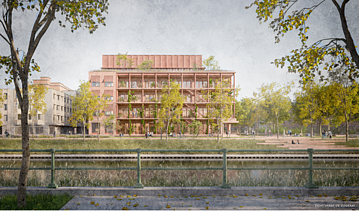 Renderbeeld van project Bargiekaai in Gent, een nieuw onderwijsgebouw en studentenresidentie voor KU Leuven Campus Odisee..