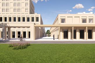 Render image of the new radiotherapy facility, emergency psychiatry building and energy management building on the campus of UZ Gent.