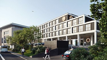 Renderbeeld van de buitenzijde van B&B Hotels in Diegem.