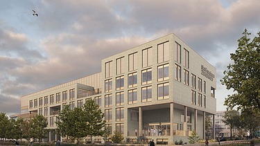 Renderbeeld van de voorgevel van de nieuwe ziekenhuisvleugel voor het Sint-Franciscus Ziekenhuis in Heusden-Zolder.