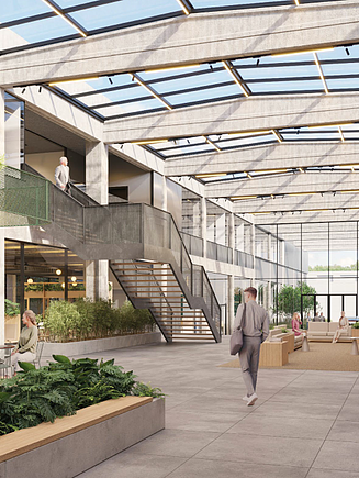 Render van de daylight gallery in de vernieuwde BMW Belux-kantoorsite in Bornem