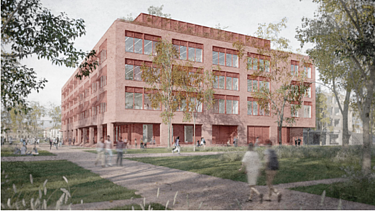 Renderbeeld van project Bargiekaai in Gent, een nieuw onderwijsgebouw en studentenresidentie voor KU Leuven Campus Odisee..