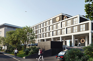 Image de rendu du nouvel hôtel B&B à Diegem. L'image montre la façade du nouvel hôtel avec un environnement vert et des personnes dans la rue.