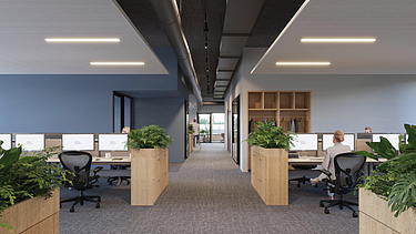 Image de rendu de l’intérieur du bâtiment de bureaux rénové.
