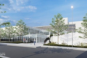 Logistiek gebouw AZ Sint-Lucas Brugge Renderbeeld van het nieuwe logistieke gebouw voor AZ Sint=Lucas in Brugge.
